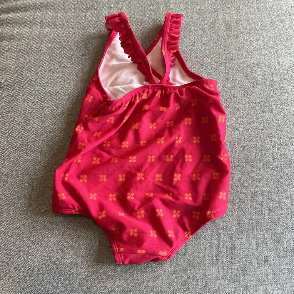 Gymboree Swimsuit Girl Red Orange‎ ruffles Flower Floral Bow 18-24M EUC